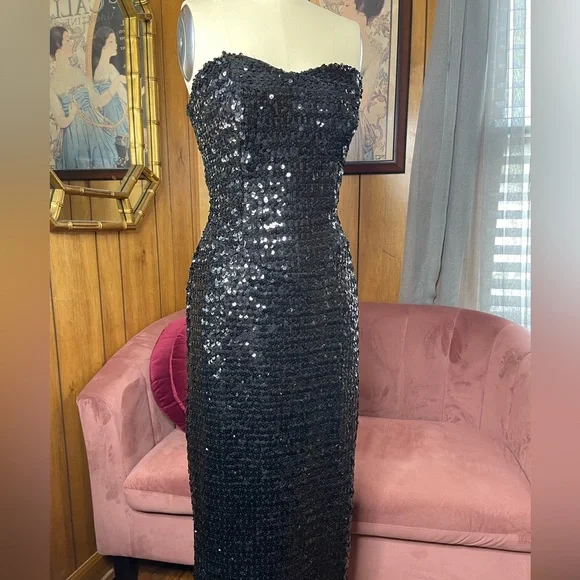 Vintage bombshell black sequin strapless gown VLV - Picture 1 of 5